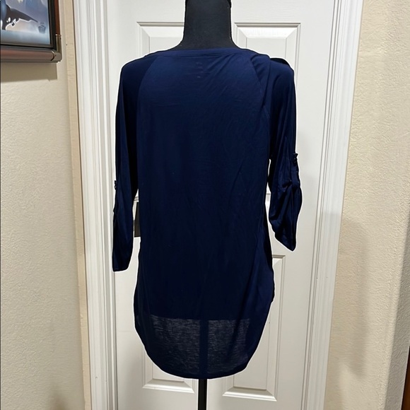New York and Company Top Medium Navy Roll Tab Sleeve Henley Chiffon Front Rayon - Picture 7 of 11